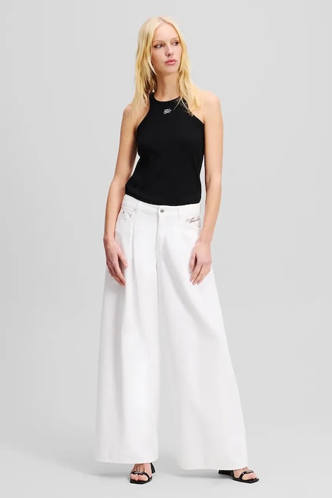 Karl Lagerfeld pantaloni femei, culoarea alb, lat, medium waist, A2W10158