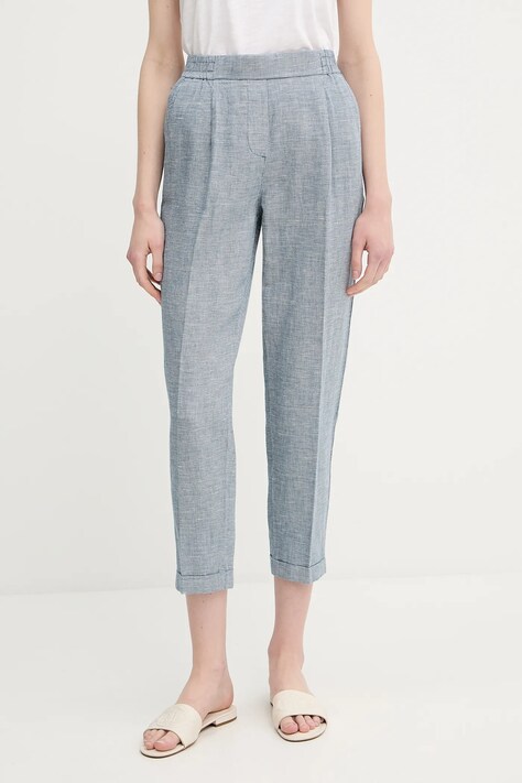 Lněné kalhoty United Colors of Benetton dámské, modrá barva, high waist, 465XDF090