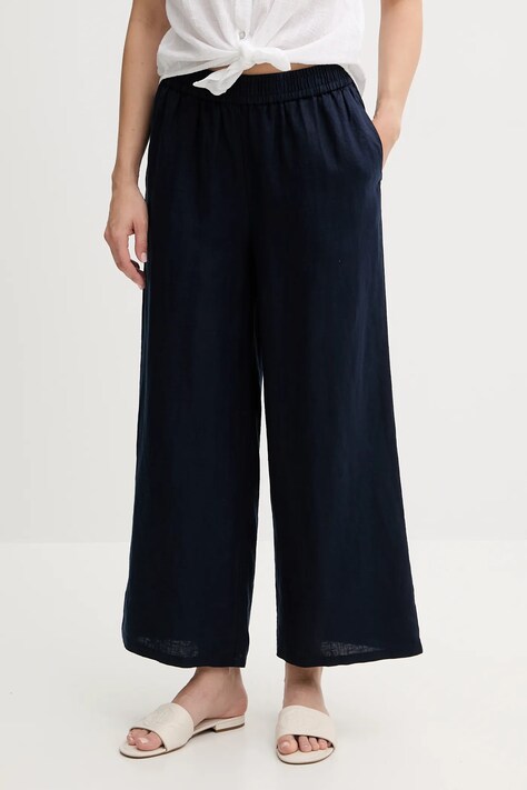 Lněné kalhoty United Colors of Benetton dámské, tmavomodrá barva, high waist, 4AGHDF09G