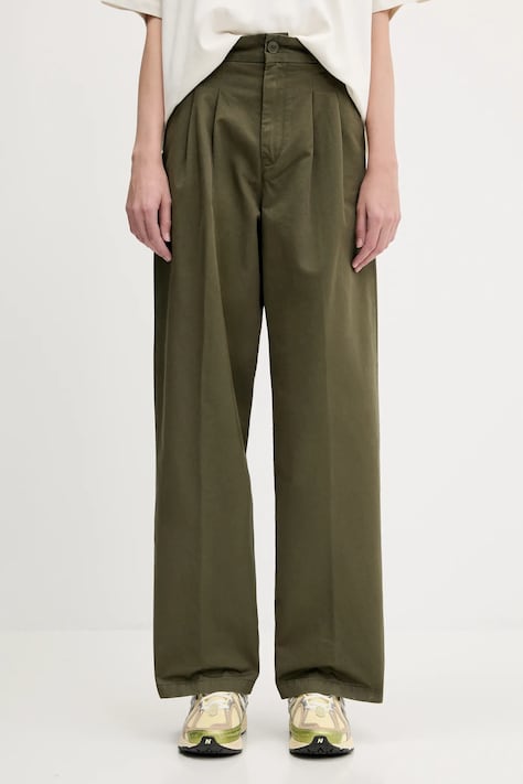 Памучен панталон Carhartt WIP Leola Pant в зелено с широка каройка, с висока талия I033147