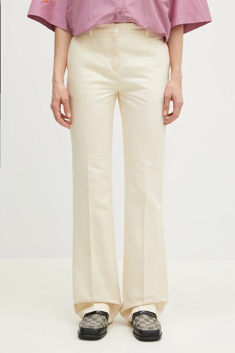 Kenzo spodnie z domieszką lnu damskie kolor beżowy dzwony high waist FF52PA1019GA.04