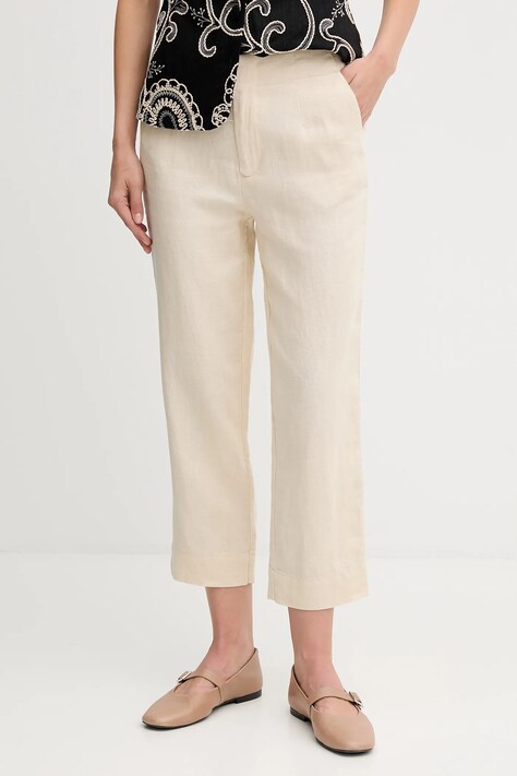 Pedro del Hierro spodnie lniane damskie kolor beżowy proste high waist 7609781