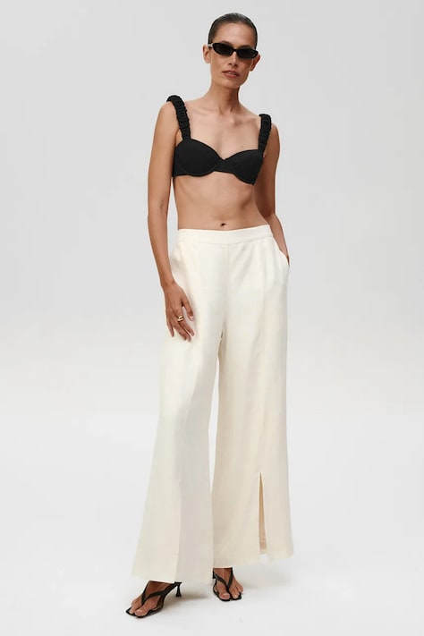 Lněné kalhoty Undress Code Fortuna Pants dámské, béžová barva, široké, high waist, 894