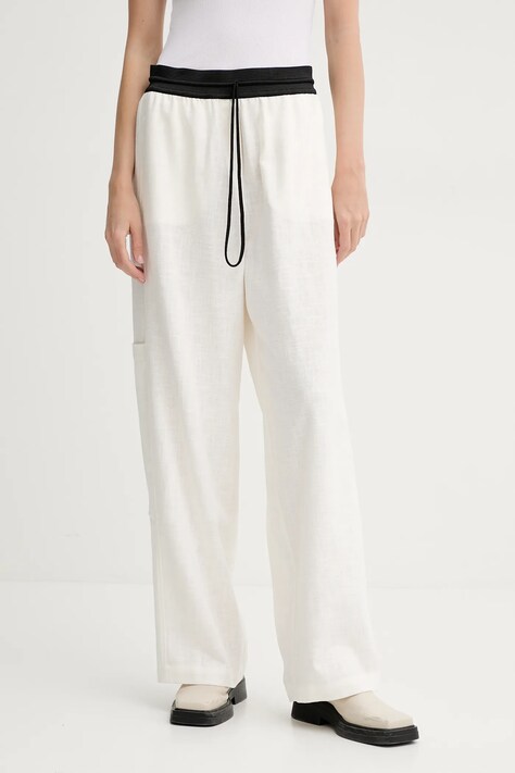 Kalhoty MMC STUDIO dámské, béžová barva, high waist, LINEN