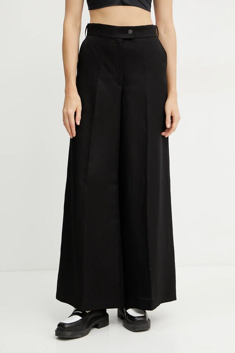 Ivy Oak pantaloni din in PIERA ANN femei, culoarea negru, lat, high waist, IO115208