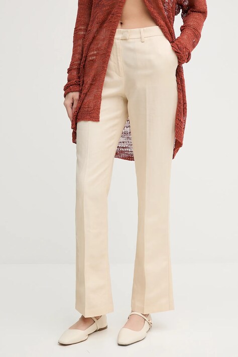 Kalhoty s příměsí lnu Sisley dámské, béžová barva, high waist, 4G1WLF06Y