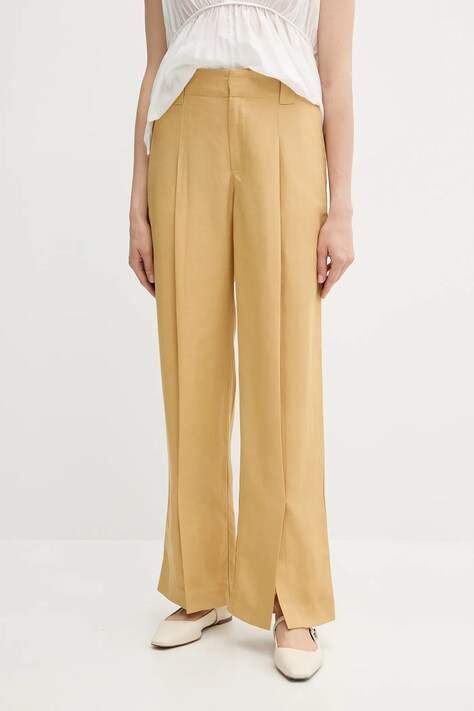 Sisley spodnie z domieszką lnu damskie kolor zielony szerokie high waist 4HZELF06S