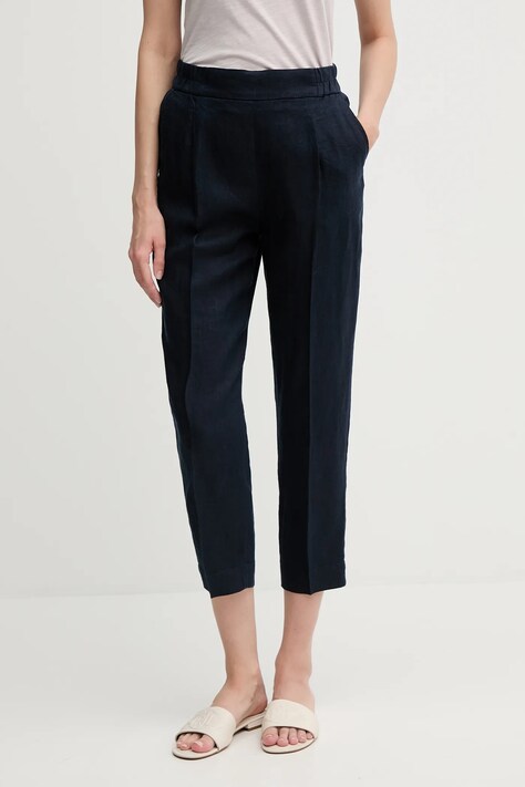 Lněné kalhoty Sisley dámské, tmavomodrá barva, high waist, 4AGHLF00S