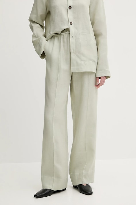 Lněné kalhoty The Sleeper dámské, zelená barva, high waist, UNPT01P040N