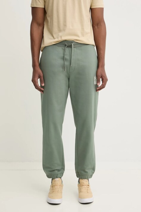 HUGO pantaloni de trening din bumbac culoarea verde, cu imprimeu, 50530435