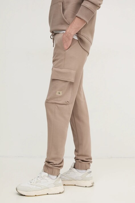 Calvin Klein Jeans pantaloni de trening din bumbac culoarea bej, neted, J30J326762