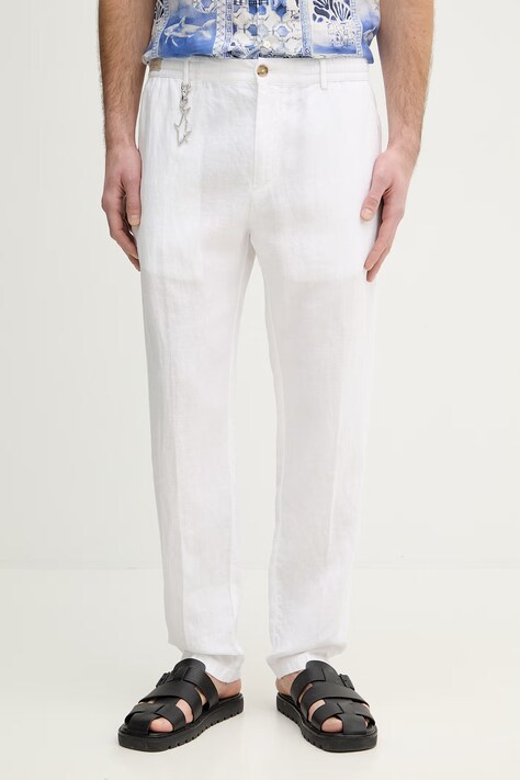 Paul&Shark spodnie lniane męskie kolor biały dopasowane 25414041