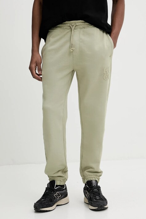 HUGO pantaloni de trening din bumbac barbati, culoarea verde, cu imprimeu, 50535287