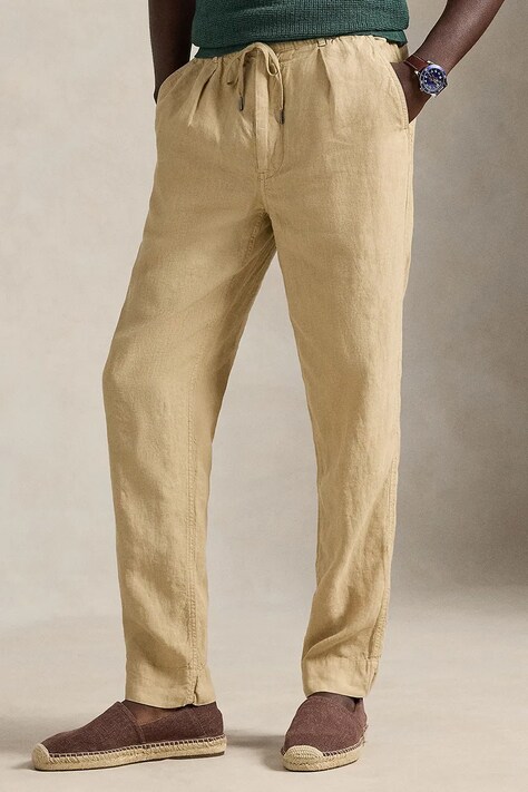 Lněné kalhoty Polo Ralph Lauren pánské, béžová barva, přiléhavé, 710940611