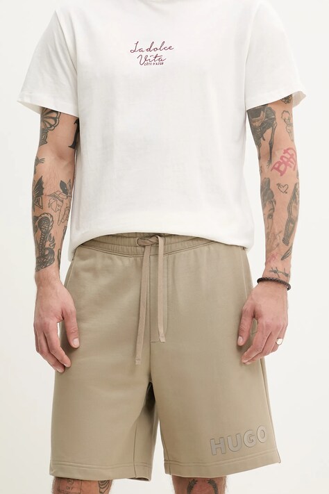 HUGO pantaloni scurti din bumbac barbati, culoarea verde, 50535260