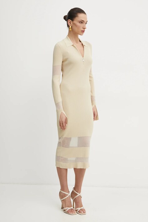 Patrizia Pepe rochie culoarea bej, midi, mulată, 8A1420 K078