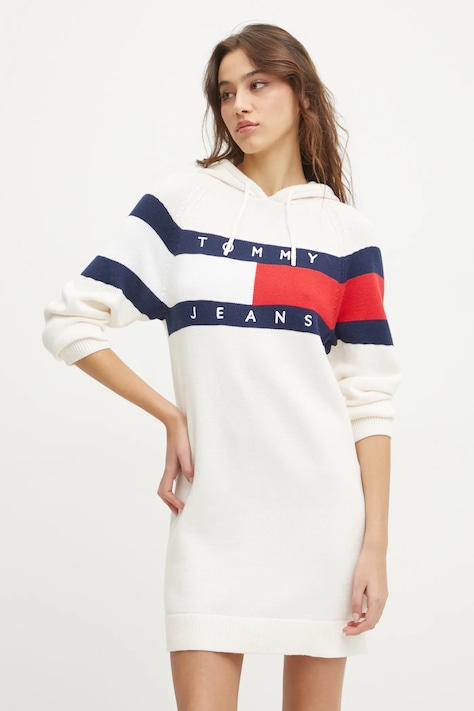 Tommy Jeans pamut ruha bézs, mini, testhezálló, DW0DW19470