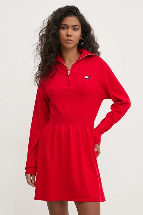 Tommy Jeans rochie din amestec de lână culoarea roșu, mini, evazată, DW0DW19480