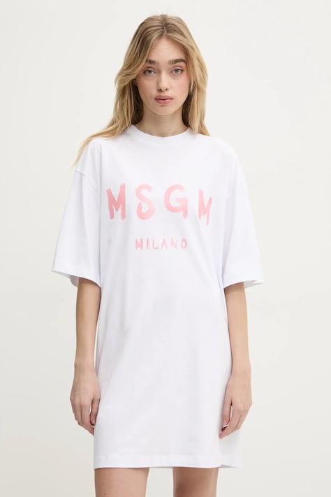 Bavlnené šaty MSGM biela farba, mini, rovný strih, 3841MDA510.257002
