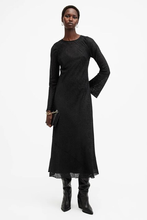 AllSaints rochie JADA culoarea negru, maxi, evazată, W060DB