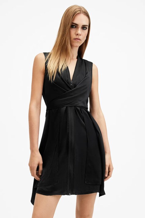 AllSaints rochie din amestec de matase JAYDA culoarea negru, mini, evazată, W278DB