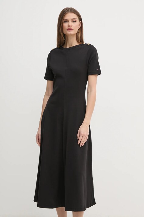 Tommy Hilfiger rochie din bumbac culoarea negru, midi, evazată, WW0WW43838