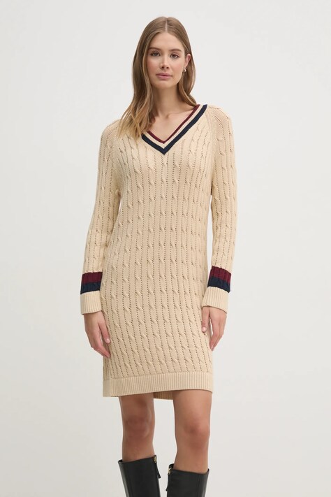 Tommy Hilfiger rochie din bumbac culoarea bej, mini, mulată, WW0WW44074