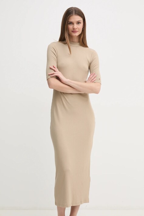 Haljina Tommy Hilfiger boja: bež, midi, uska, WW0WW44430