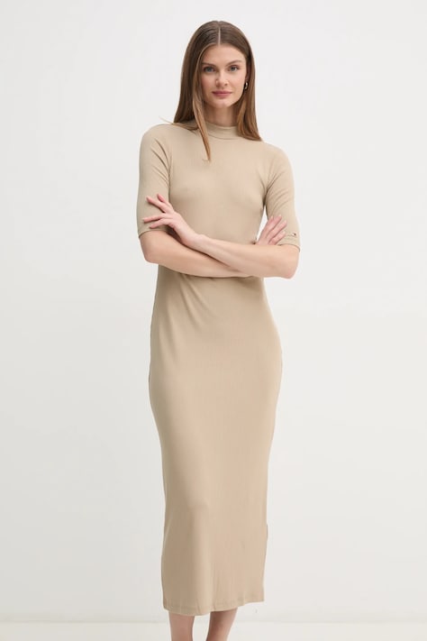 Tommy Hilfiger sukienka kolor beżowy midi dopasowana WW0WW44430