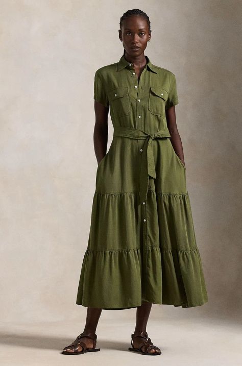 Polo Ralph Lauren rochie din amestec de in culoarea verde, midi, evazati, 211959905