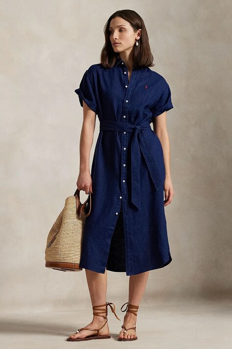 Polo Ralph Lauren rochie din in culoarea bleumarin, midi, dreaptă, 211959912