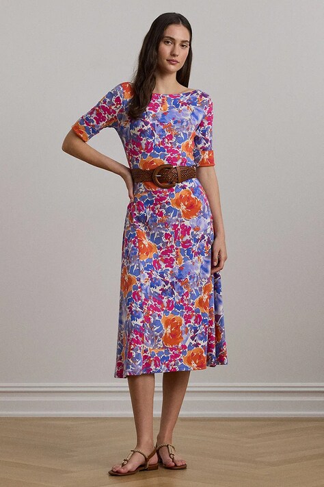 Lauren Ralph Lauren rochie din bumbac culoarea alb, midi, evazată, 250972596