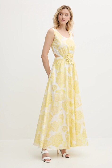 Twinset rochie din bumbac culoarea galben, maxi, evazată, 251AX2030