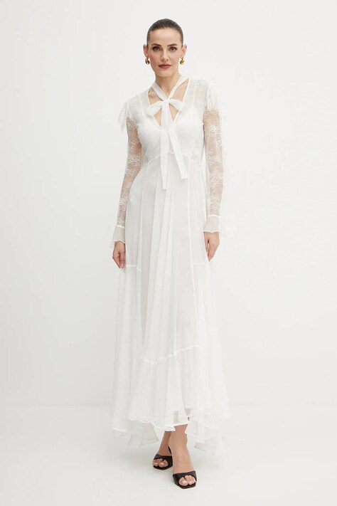 Twinset rochie din amestec de mătase culoarea bej, maxi, dreaptă, 251TS2091