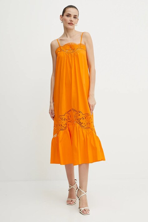 Twinset rochie din bumbac culoarea portocaliu, midi, evazată, 251TT2331