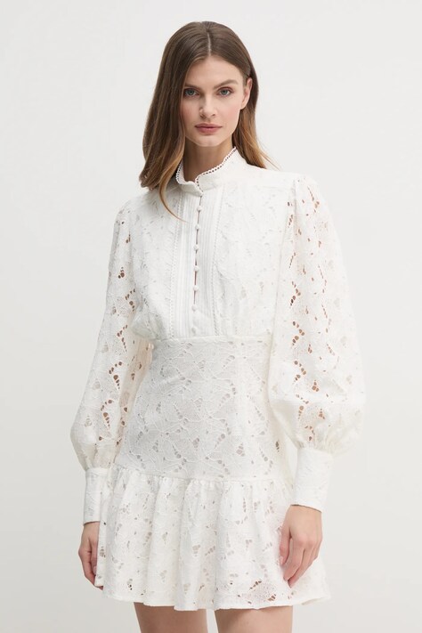 Bardot rochie culoarea bej, mini, evazată, 58421DB