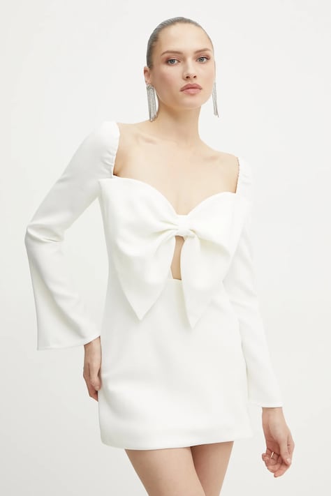 Bardot rochie culoarea bej, mini, evazată, 59697DB