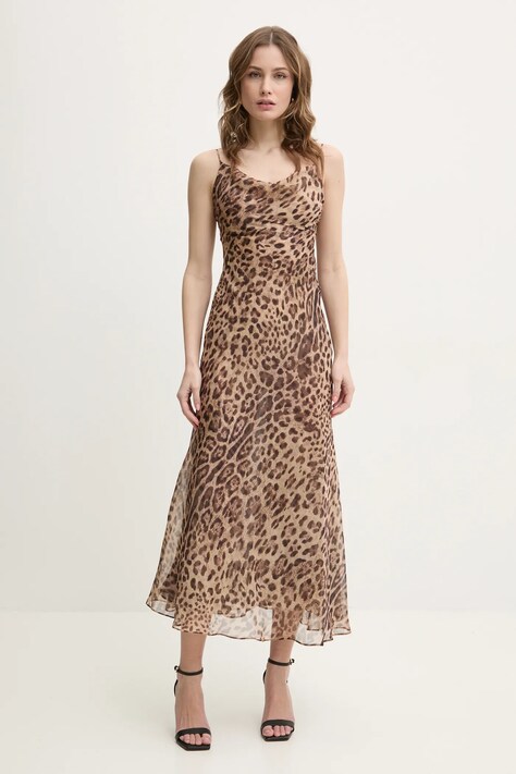 Bardot rochie culoarea bej, maxi, evazată, 59709DB