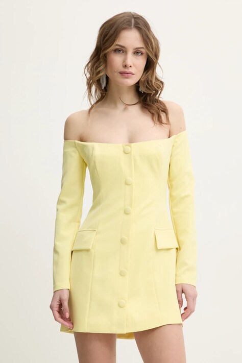 Bardot rochie culoarea galben, mini, evazată, 59761DB