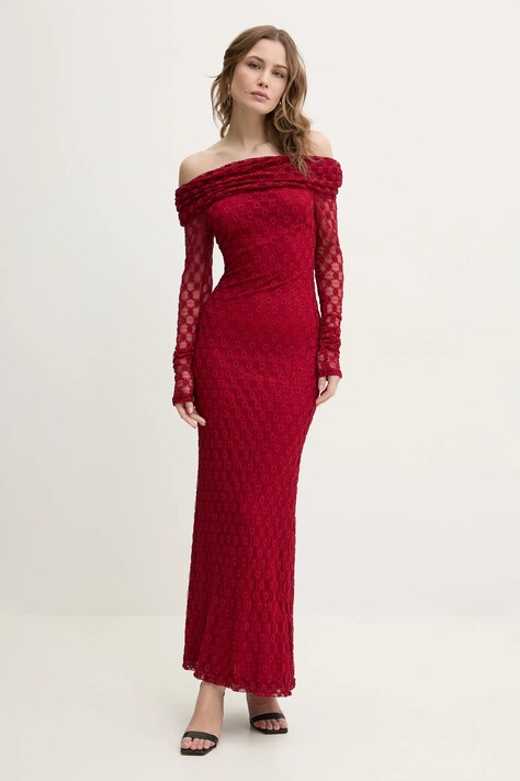 Bardot rochie culoarea bordo, maxi, evazată, 59776DB