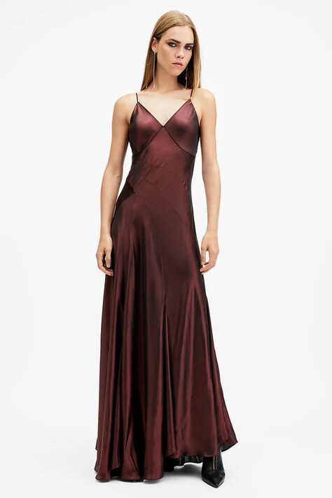 Рокля AllSaints LILI в червено дълга разкроена W291DB