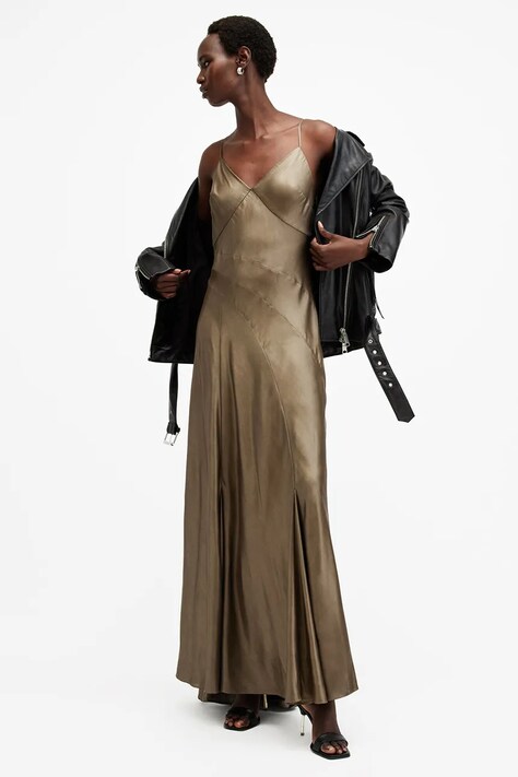 AllSaints rochie LILI culoarea auriu, maxi, evazată, W291DB