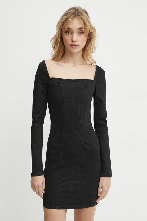 Guess rochie din denim MOLLY culoarea negru, mini, mulată, W5RK84 D4PZ0