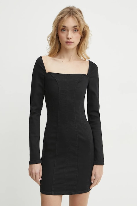 Guess rochie din denim MOLLY culoarea negru, mini, mulată, W5RK84 D4PZ0