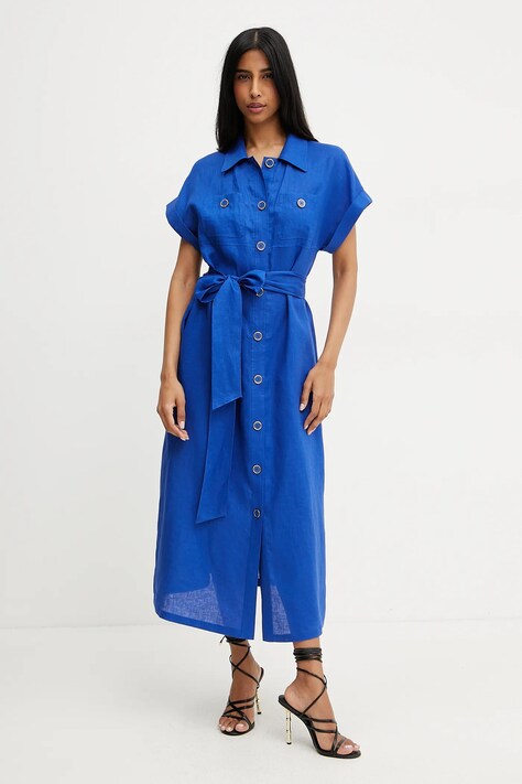 Luisa Spagnoli sukienka lniana kolor niebieski midi rozkloszowana 542264