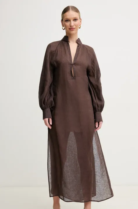 Luisa Spagnoli sukienka lniana kolor brązowy maxi oversize 542150