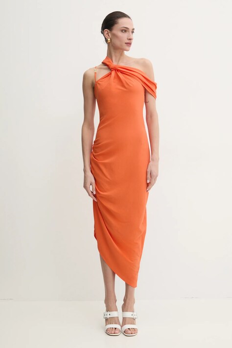Šaty s příměsí lnu Versace Jeans Couture oranžová barva, midi, 78HAO903 N0432