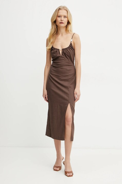 Patrizia Pepe rochie din in culoarea maro, midi, mulată, 2A2885 A584