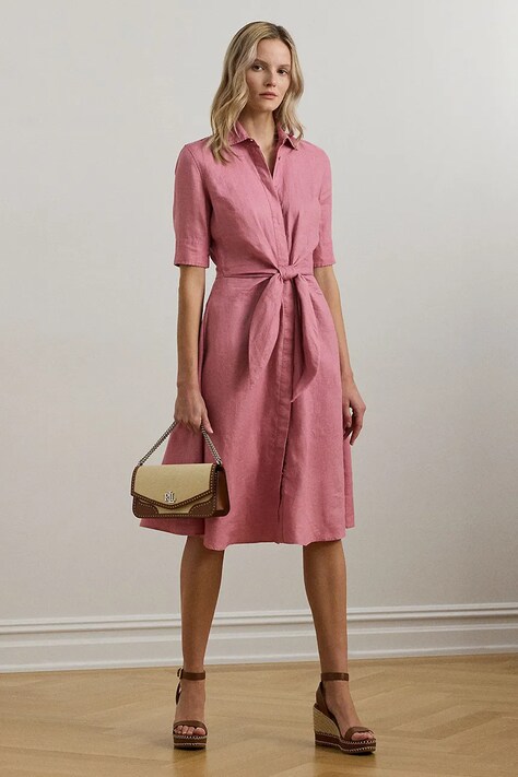 Lauren Ralph Lauren rochie din in culoarea roz, midi, evazată, 200905667