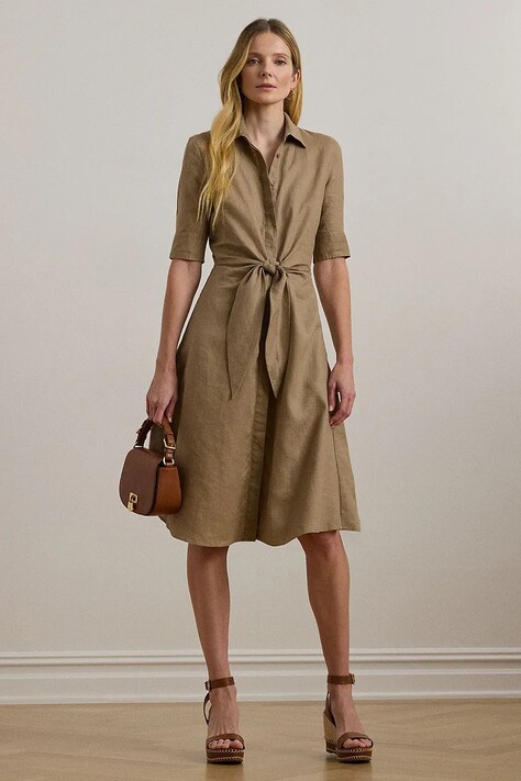 Lněné šaty Lauren Ralph Lauren hnědá barva, midi, 200905667